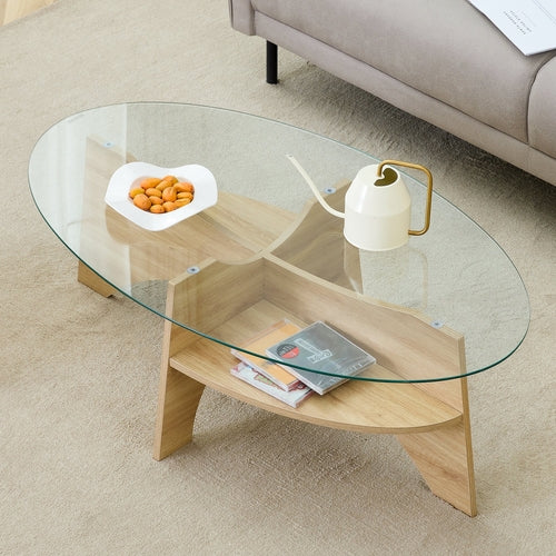 Oval Tempered Glass Coffee Table - 41.3'x23.6' Multi-Functional