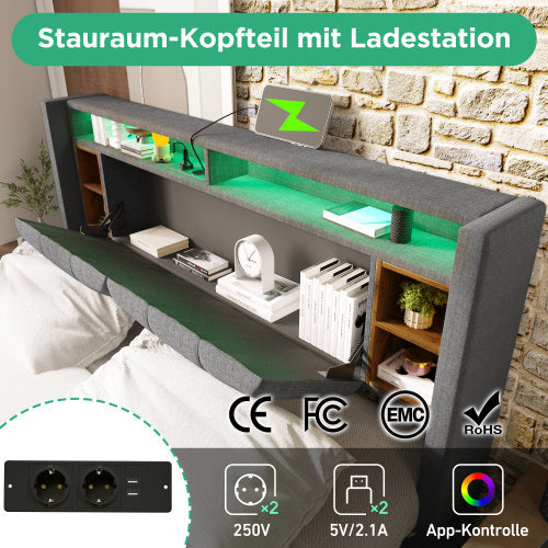 LuneluX_Home – Solid Wood Storage Bed with USB Charging Ports & LED